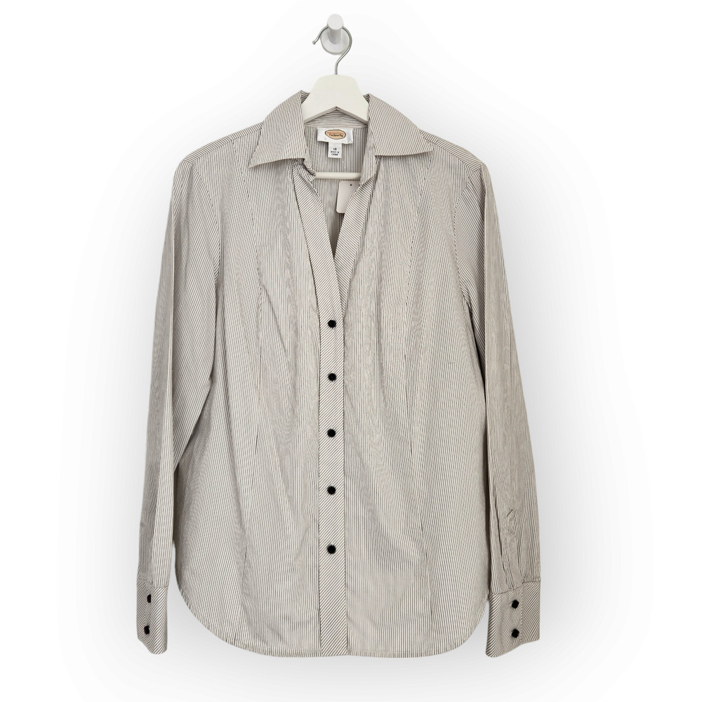 Vintage Talbots White Dark Gray Pinstripe V Neck Button Down Shirt 18